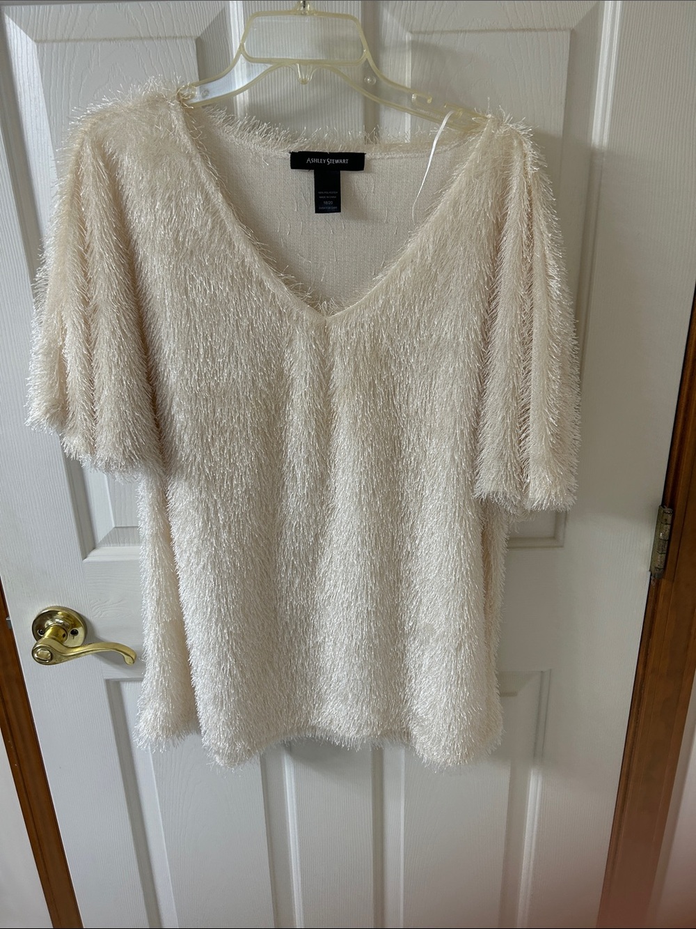 Ashley Stewart Cream Shaggy V-Neck Short Sleeve Top